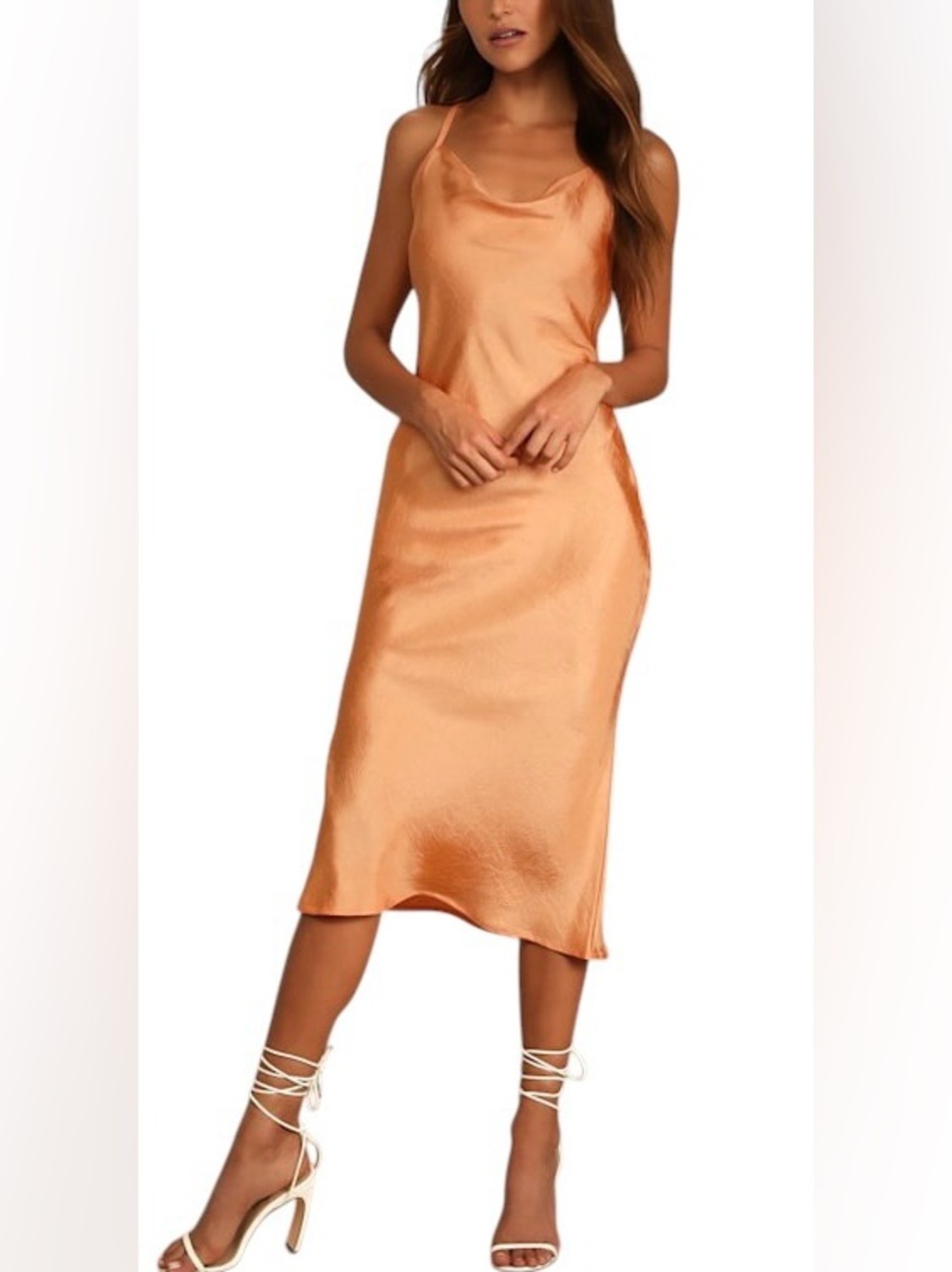 4th + Reckless Satin Lowe Texture Detail Slip Midi Dress Size US S Light Orange